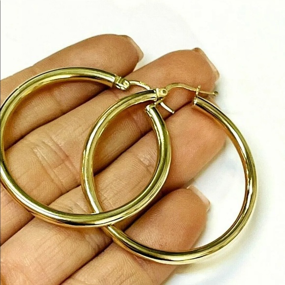 Shiny! Solid 10k Yellow Gold 1.6” 3mm Thick Tube Hoop Earrings - Picture 1 of 4